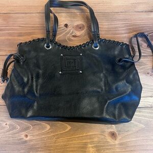 Liz Claiborne Leather Large Tote Bag Black Multiple Pockets Double Handles EUC